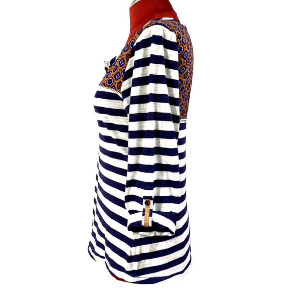 Anthropologie Postage Stamp Shirt Navy Striped Size M Roll Tab Sleeves Boho Chic - Picture 5 of 10